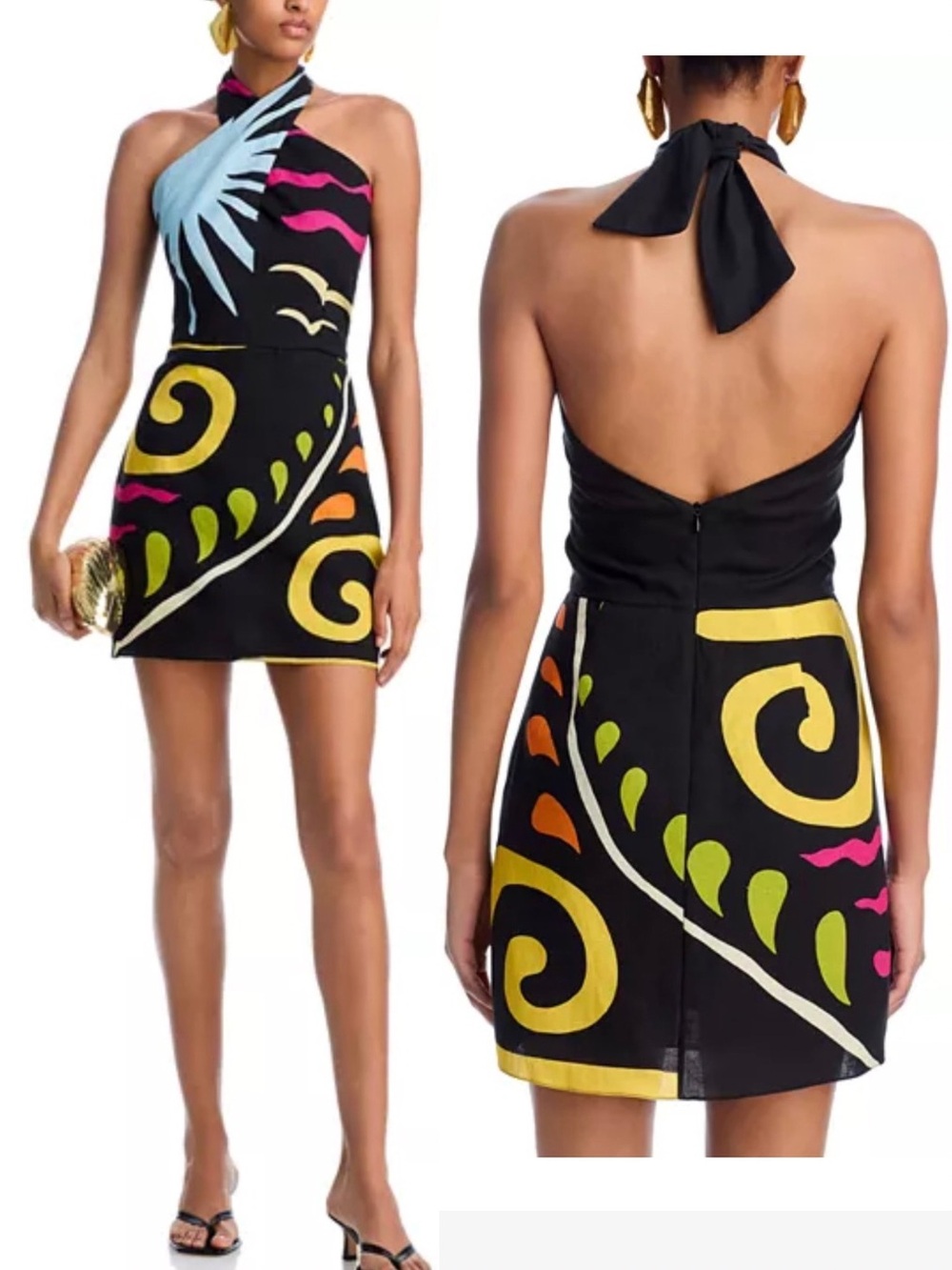 NWT Cala de la Cruz Veneta Halter Mini Dress Malibu Linen Abstract XL Maximalist